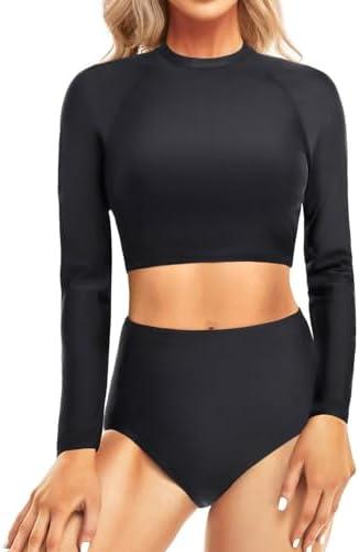 Pinup Fashion Long Sleeve Rash Guard - 2 Piece Swimsuit Bathing Suits with Bottom Swim Top UV UPF 50+ XS