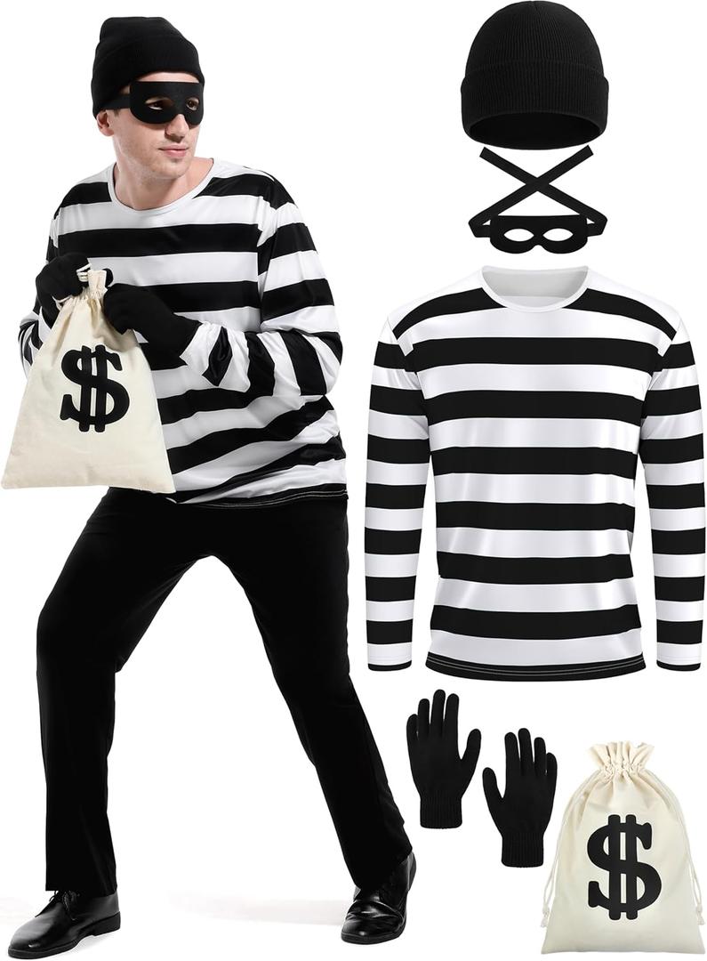 5 Pieces Halloween Costume Set, Men's Robber Costume Halloween Cosplay Burglar Accessories Striped Shirt for Adult