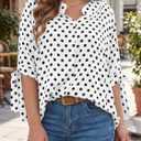 Cicy Bell Womens Polka Dot Half Sleeve Pleated Top Button Down Tunic Blouse | Summer Casual Shirts, Loose Fit, V Neck, Bow Tie Cuff, Dressy, Trendy, Cute (White, M)
