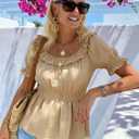 Womens Short Sleeve Babydoll Tops Square Neck Ruffle Peplum Blouse Smocked Loose Fit Tunic Top Dressy Tee Shirts (Beige)