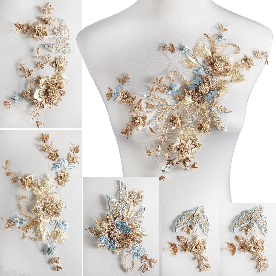 Silvora 6 PCS Flower Fabric Beaded Pearl Lace Applique, 3D Embroidered Patch for Dresses,Handmade Sewing Tool for DIY Neckline Bodice Pants(Gold-6)