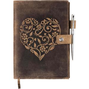 moonster Refillable Leather Journal Embossed Heart Shape Cover Design Journals with Pen  Milled A5 Leather Journal Lined Paper - Journals for Women  Leather Vintage Journal - 320 Pages