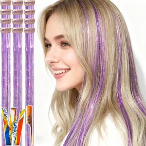 Light Purple Violet Lavender Clip in Hair Tinsel,70 Strands Per Piece, 23 Inches, Heat Resistant Glitter Hair Extension, Includes Comb Hair Bow for Women for Party Cosplay Daily