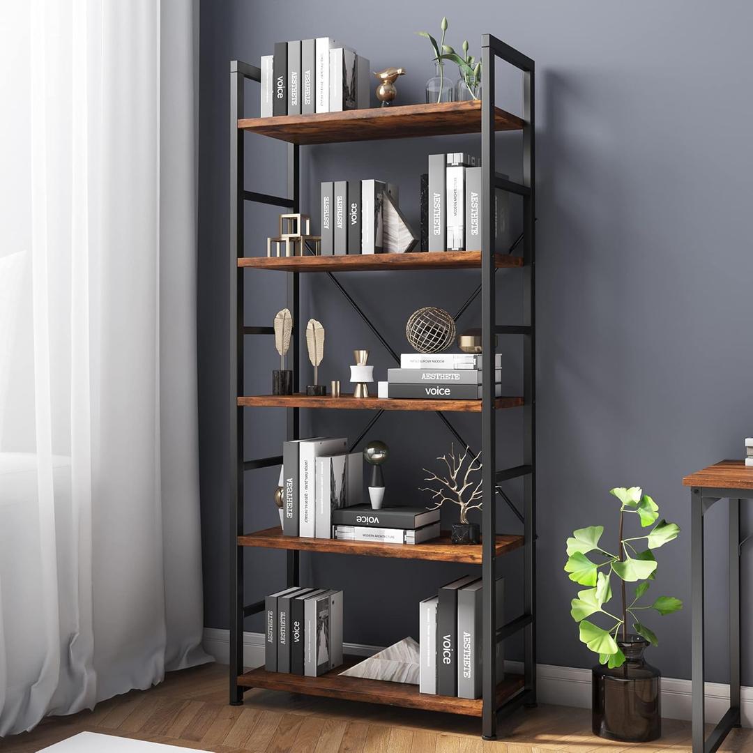 VERMESS 5 Tier Bookshelf, Tall Book Shelf, Vintage Industrial Bookcase with Open Display Shelves, Wood Storage Shelving Unit Metal Frame Standing Bookshelves for Bedroom/Home/Office, Rustic Brown