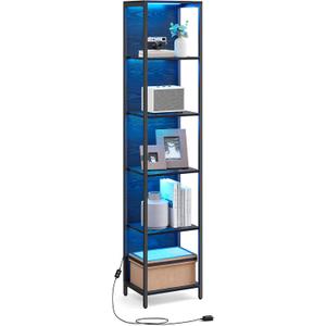 VASAGLE 6-Tier LED Bookshelf, Display Shelf with Dimmable Lights, LED Bookcase with Steel Frame, 11.9 x 15.7 x 70.3 Inches, for Living Room, Bedroom, Office, Black with Wood Grain ULLS121B56
