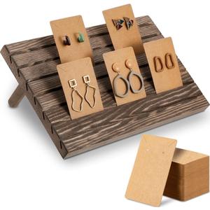 Blulu 31 Pack Wooden Earring Display Stand 7 Slots jewelry Display Holder with Earring Card for Selling Vendors Retail Show (Brown, Light Brown)