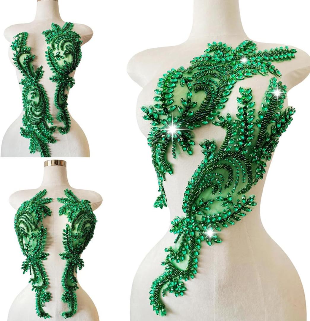 1 Pair Big Size Hand-Made Beaded Rhinestons DIY Clothing Appliques Patch Wedding Dress Decoration Flower Applique by Pair (LightGreen), Large