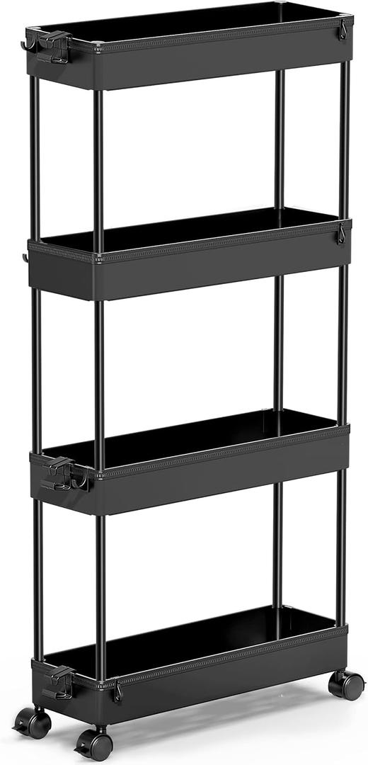 SPACEKEEPER Slim Rolling Storage Cart 4 Tier Bathroom Organizer Cart Mobile Shelving Unit Slide Out Utility Cart for Kitchen, Bathroom, Makeup, Craft, Laundry Narrow Places, Black