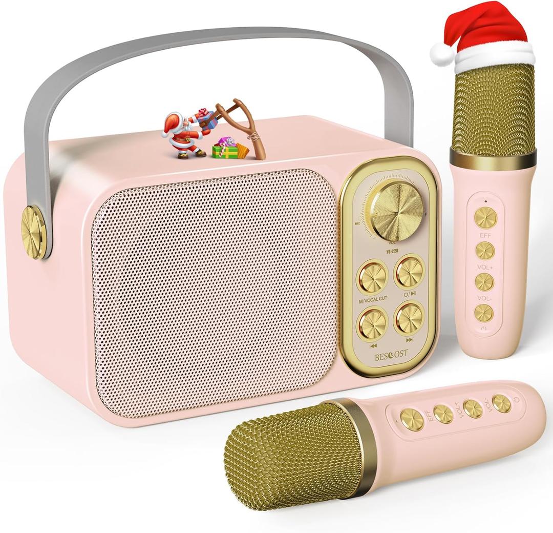Mini Karaoke Machine for Kids with 2 Wireless Microphone, Portable Bluetooth Speaker, Kids Karaoke Machine to Sing Anywhere, for Girls, Ideal for Party, Birthday, Family Meeting (Pink)