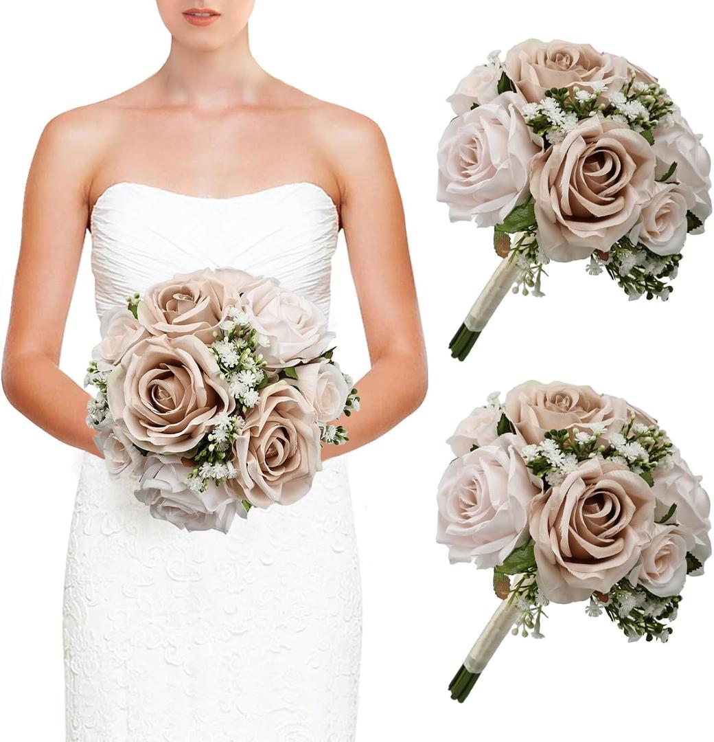 Wedding Bridesmaid Bouquets Set of 2, Artificial Silk Flowers Arrangement for Ceremony Marriage Proposal Party Anniversary Decorations - Nude