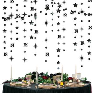 Black 18th Birthday Decorations Number 18 Circle Dot Twinkle Star Garland Metallic Streamer Banner Backdrop for Girls Boys Happy 18th Birthday Time to Adult Cheers to 18 Years Old Anniversary Party