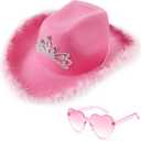 AoMoon Pink Cowgirl Hat with Heart Shaped Sunglasses Crown Tiara Cowgirl Hat for Women Party Pink Cowboy Hat for Girls (Feather)