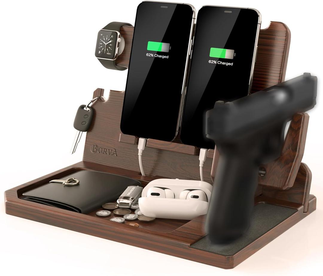 BarvA 2 Phone Docking Station | Patented Adaptive Wood Gun Rack | Night Stand Room Decor | Gun Accessories Gifts for Men | Smart Watch & Phone Stand | Charging Station Desk Organizer (Dark Walnut)