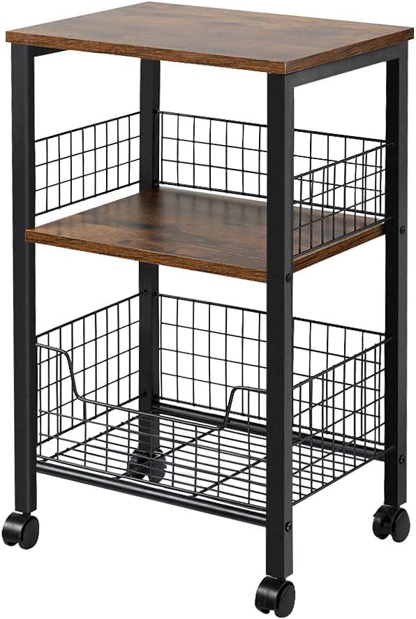 Hadulcet Small End Table, 3-Tier Side Table with Storage Basket, Industrial Style Side End Table for Living Room Bedroom Kitchen Bathroom, Rustic Brown