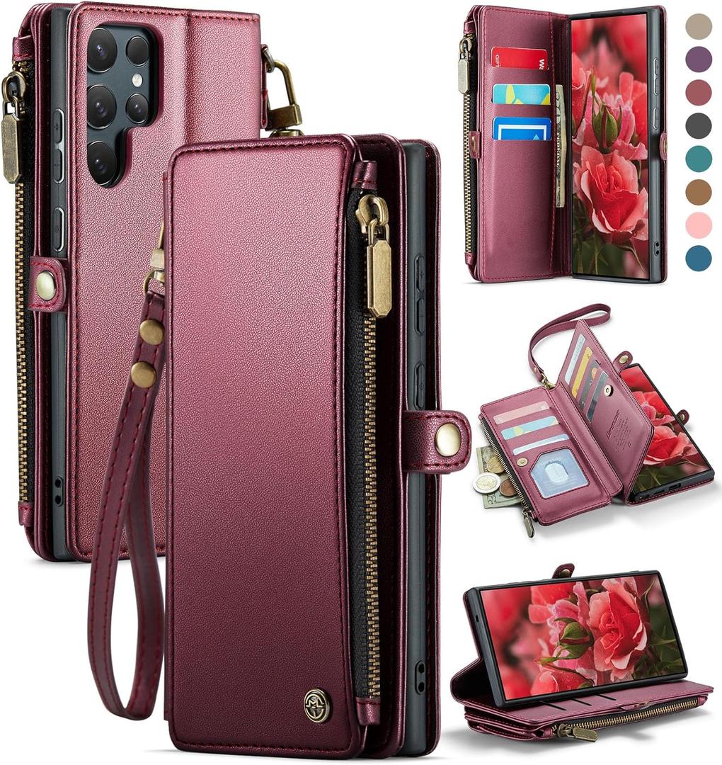 Defencase for Galaxy S25 Ultra Case Wallet with RFID Blocking Card Holder for Women Men, PU Leather Magnetic Snap Flip Wrist Strap Zipper Wallet Phone Cases for Samsung Galaxy S25 Ultra 6.9", Wine Red