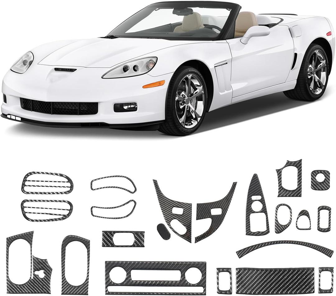 21PCS Real Carbon Fiber Interior Trim Kit Compatible with Corvette C6 2005-2013, Interior Decor Sticker Accessories