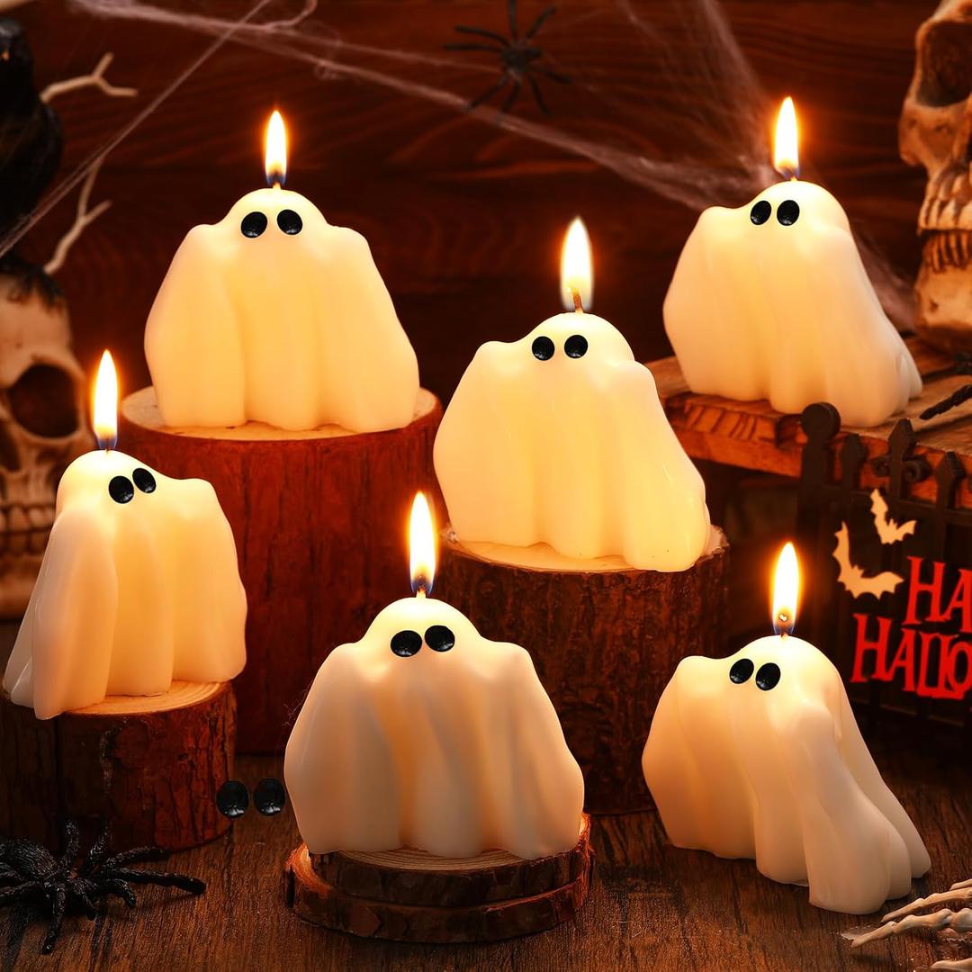 2 x 6 Pieces Halloween Large Ghost Candles White Spooky Scented Halloween Candles Horror Gifts Candle Tea Lights Goth Room Decor for Summer Dining Table Party Bedroom(Goth Style,White)