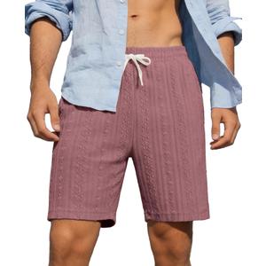 Susclude Mens Shorts Casual 7" Textured Elastic Waist Drawstring Beach Vocation Summer Stretch Comfy Short with Pocket Pink (M)