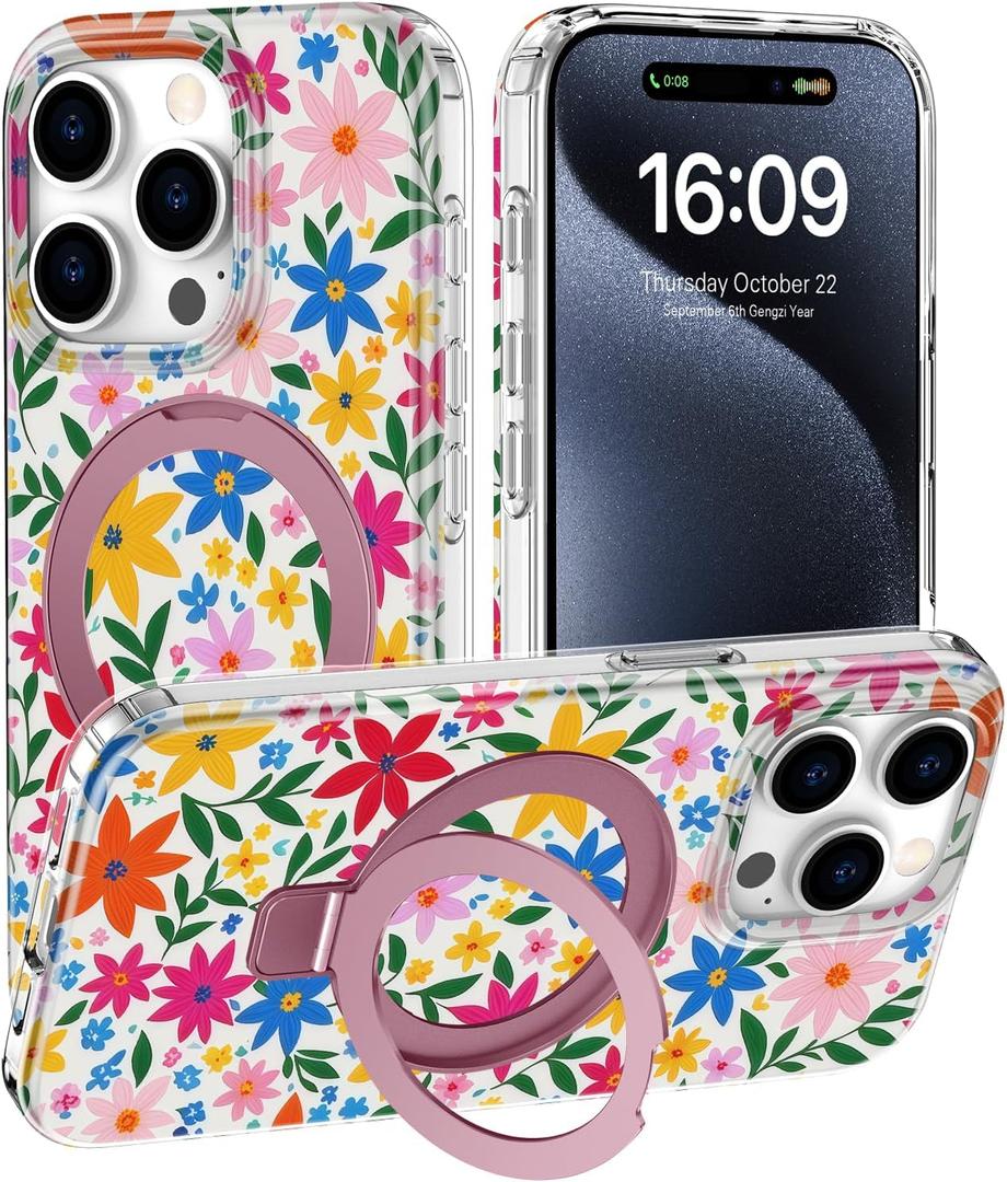 DEENAKIN for iPhone 15 Pro Case - Wireless Charging Compatible - Integrated Multi-Functional Kickstand - Protective Phone Case with Trendy Cute Designs for Women - Blooming Wildflower