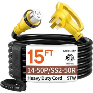 15FT 50 Amp Generator Cord, NEMA 14-50P/SS2-50R Heavy-Duty 4 Conductors Cable, Pure Copper STW RV Extension Cord, Female Plug with Twist Lock, Suitable for RV or Camper, ETL Listed