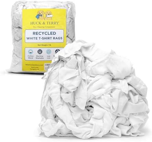 Huck & Terry White T-Shirt Bag of Rags, 100% Recycled Material, Cotton Blend Bar Mop, Reclaimed, Eco-Friendly Cloth, Cleaning & Painting Rags, Lint Free, Highly Absorbent (Bag, 1, Pound)
