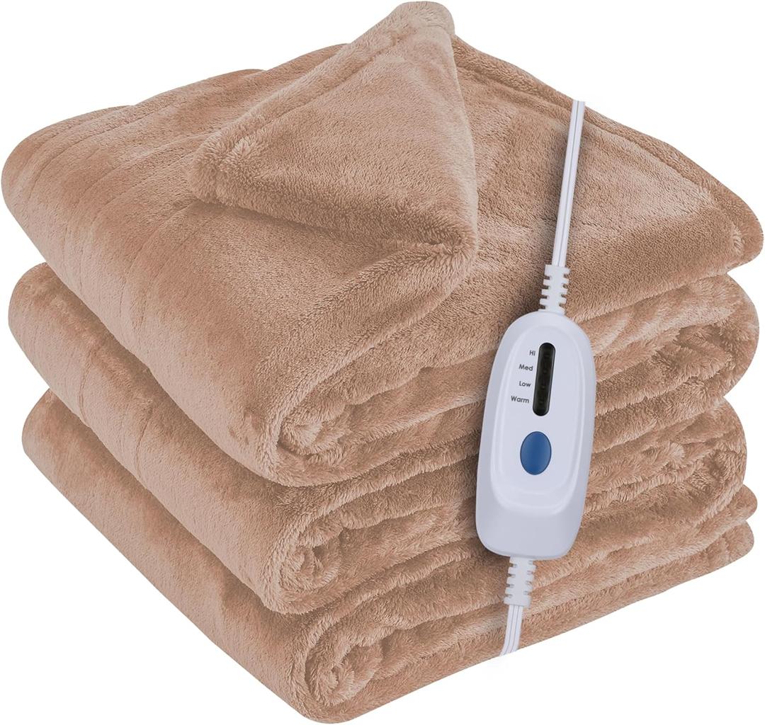 McJaw Electric Blanket Full Size 72x84 inches, Soft Double-Sided Flannel Heated Blanket with 10 Hours Auto Off, 4 Heating Levels, Fast Heating, Machine Washable, Light Brown (Full(72''84''))