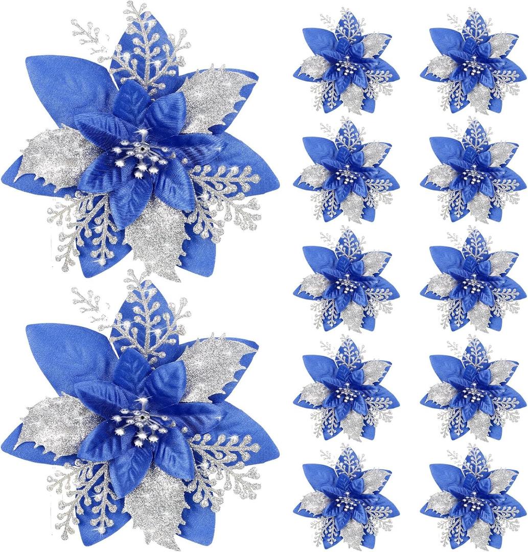 Canlierr 12 Pieces 5.7 Inch Christmas Poinsettia Flower Christmas Glitter Artificial Flower with Clips Xmas Tree Ornament for Wreath Garland Party Decor (Blue,Silver)