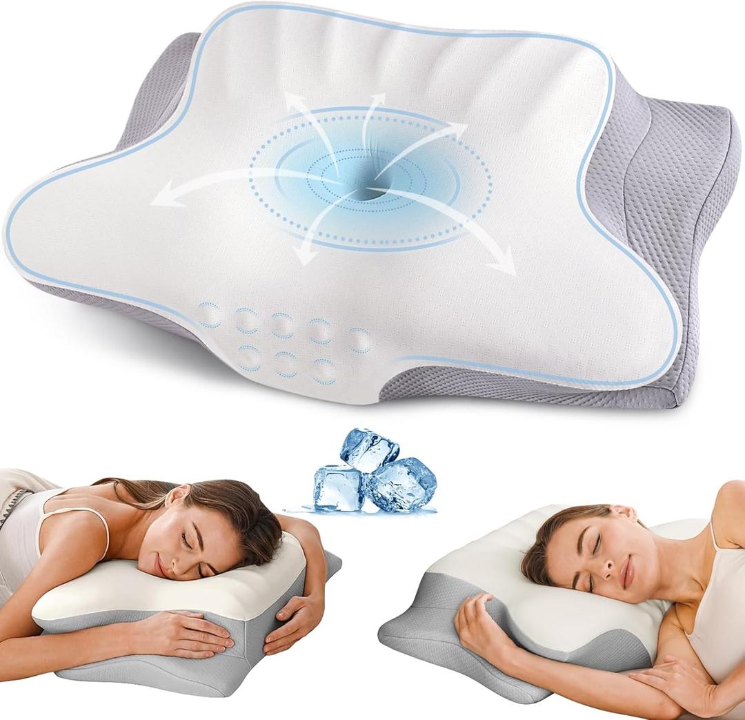 Cervical Neck Pillow for Pain Relief, Ergonomic Pillow Side Sleeper Pillow for Sleeping, Contour Memory Foam Pillows with Cooling Pillowcase Orthopedic Bed Pillow for Back Stomach Sleepers (Light Grey)