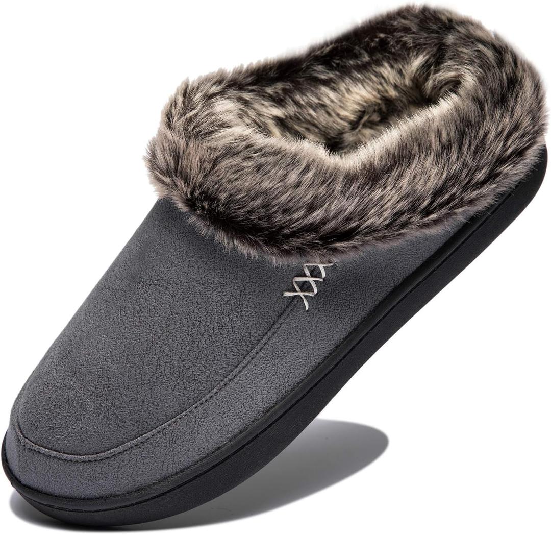 NewDenBer Women's Cozy Memory Foam Slippers Suede Plush Faux Fur Lined Slip on Indoor Outdoor House Shoes (Gray)