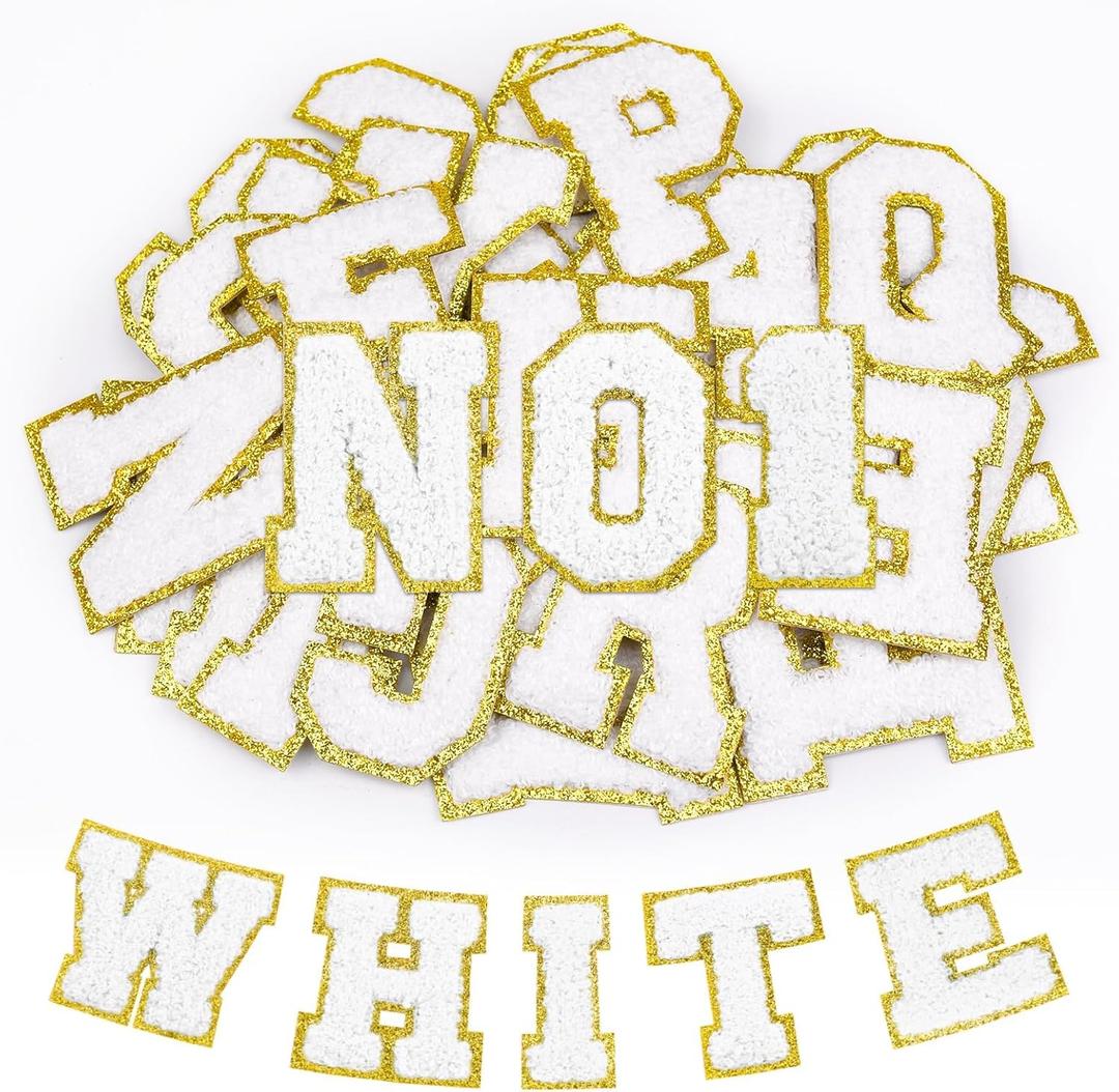 62 Pcs Self Adhesive Chenille Patches White Iron on Letters and Numbers Embroidered Patch for Clothes,Hats,Bags,Backpacks,Shoes (White)
