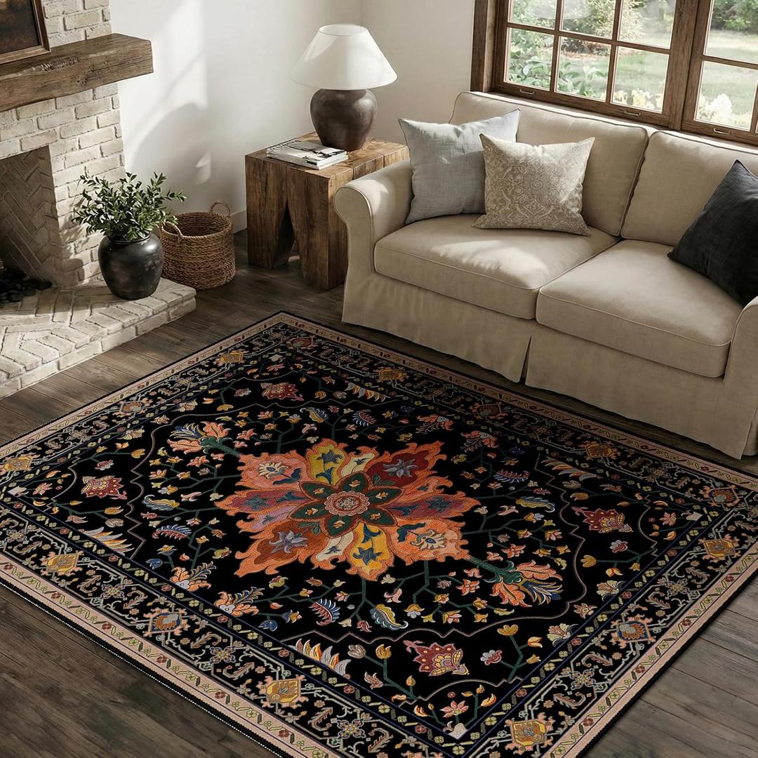 RELEANY Area Rugs 4'x6' Washable Non-Slip, Floral Vintage Distress Print Pattern Medallion Carpet for Living Room Bedroom Dining Room, Black Colorful Floral Dark Tan