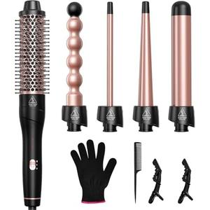 Lopeie 5 in 1 Wand Curling Iron Set, Hair Styling Tools with Thermal Brush and 4 Interchangeable Ceramic Barrels from 1/2 to 1 1/2 inch, Fast Heating, Dual Voltage Hair Curler, Gifts for Women