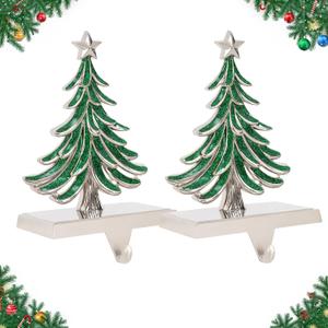 G GOOD GAIN Christmas Stocking Holders for Mantle - Set of 2 Christmas Tree Weighted Stocking Hangers with Non-Slip Base Silver Sturdy Metal Hooks for Fireplace Shelf Counter Holiday Decorations