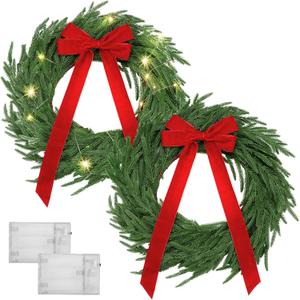 24 Inch Light Up Christmas Norfolk Pine Wreaths with Red Bows Artificial Real Touch Green Wreath with Pre-Lit LED for Front Door Wall Mantle Outdoor Xmas Windows Porch Decor