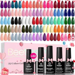 beetles Gel Polish Set Fall Gel Nail Polish Kit 36 Pcs 32 Colors with Base Top Coat Burgundy Red Blue Purple Hot Pink Green Black White Uv LED Lamp Nails Gifts for Women Fingertip Palette