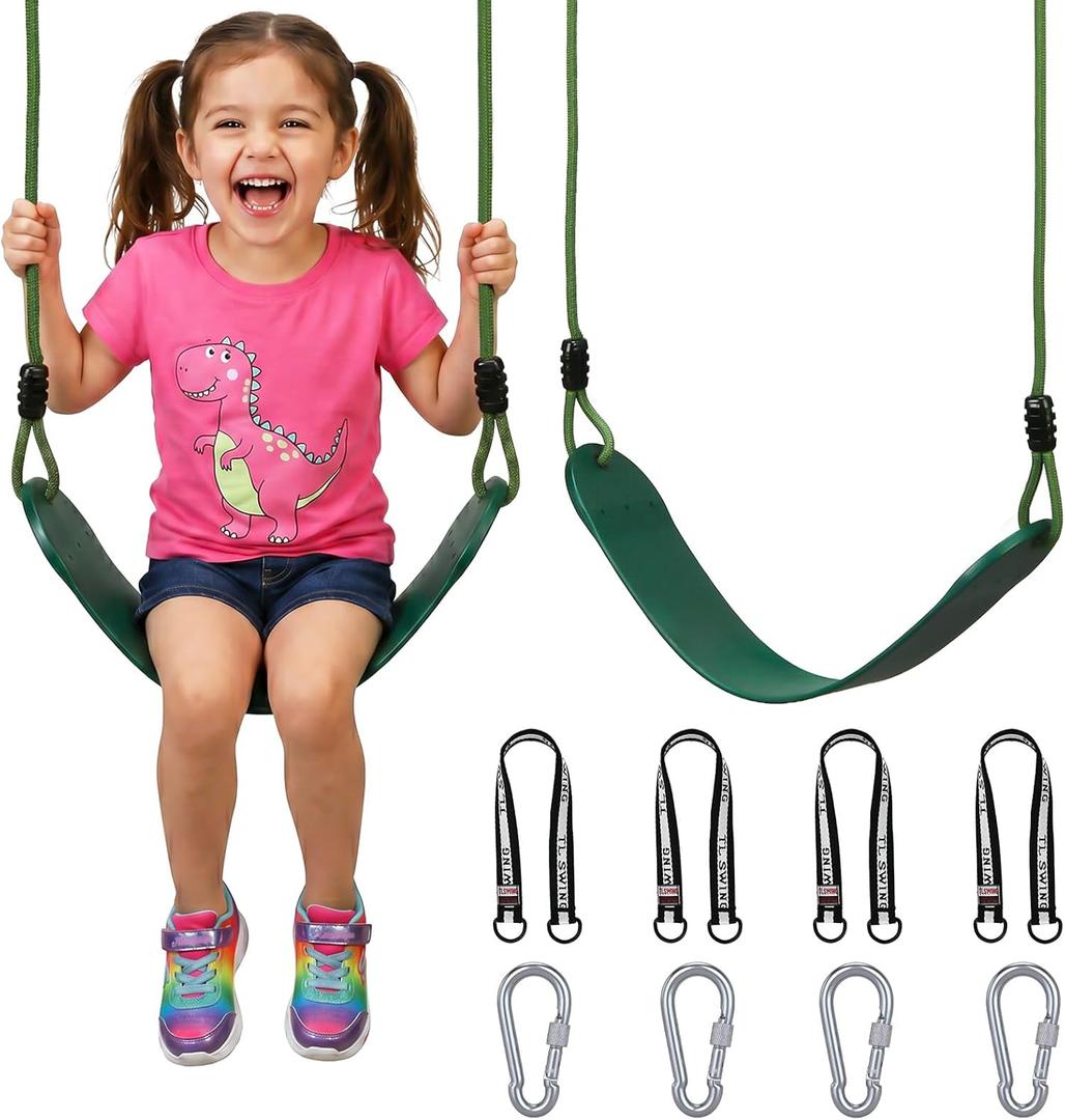 HeyZoo 2 Pack Heavy Duty Kids Swing Seat with 79" Adjustable Rope, 330 lbs Capacity Swing Set Accessories Replacement with 4 Carabiners and 4 Extra Hanging Straps, Outdoor Tree Playground Gifts, Green