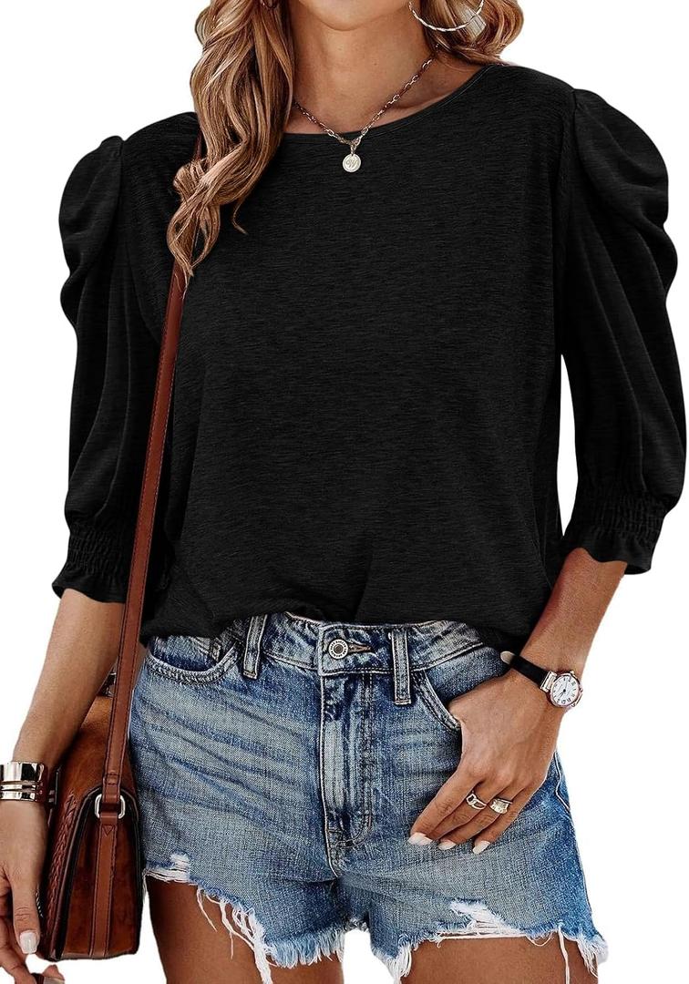 Tankaneo Womens 3/4 Length Sleeve Tops Dressy Casual Blouse Puff Sleeve Cute Trendy T Shirts with Smocked Cuffs (Black)