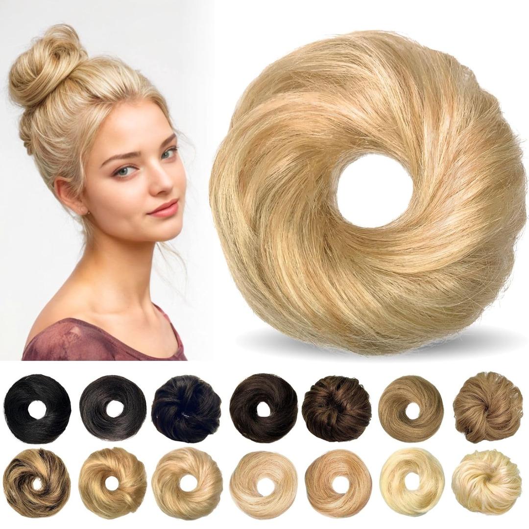 Messy Bun Hair Piece Human Hair Bun, Messy Bun Scrunchie, Real Hair Bun Updo, Messy Bun Hairpiece for Women (Ash Blonde with Bleach Blonde) (3.5 Inch)