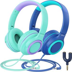 iClever 2Pack Kids Headphones with Sharing Splitter - 85dBA Safe Volume Limited - HS22 Wired Headphones for Kids Teens, Tangle-Free 3.5mm Jack Foldable Stereo for School/Tablet/Travel (Green & Blue)