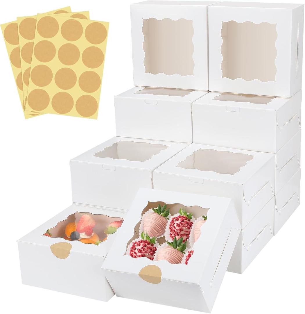 60 Pcs Bakery Boxes with Window, 6 x 6 x 3 Inches, White Cookie & Pastry Boxes for Baked Goods