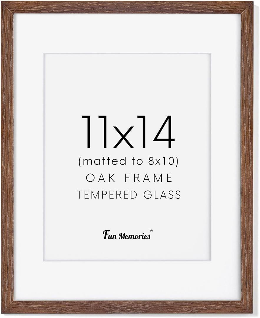 Fun Memories 11x14 Wood Picture Frame, Solid Oak Frame 11 x 14 for Wall, Display 8x10 with Mat or without Mat, Tempered Glass, 11''x14'' Photo Art Walnut Color, 1 Pack Fun Memories 11x14 Wood Picture Frame, Solid Oak Frame 11 x 14 for Wall, Display 8x10 with Mat or without Mat, Tempered Glass, 11''x14'' Photo Art Walnut Color, 1 Pack