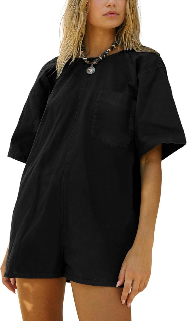 LTSCNRM Tee Rompers for Women Oversized Jumpsuits Overalls One Piece Hot Shot Short Sleeve Back U Neck Pockets Activewear (Large, Black)