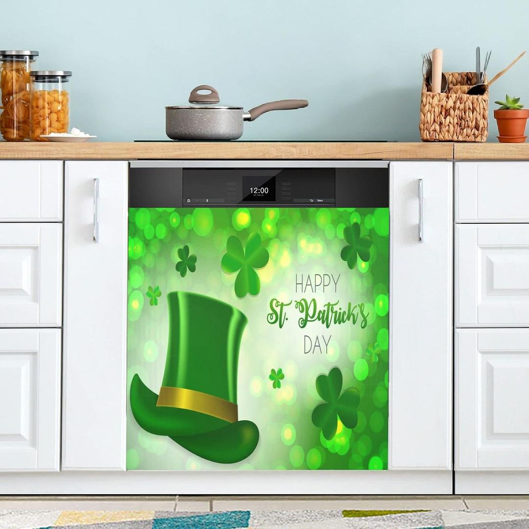St Patrick's Day Clover Hat Dishwasher Magnet Cover Shamrock Leaves Green Magnetic Sticker Dish Washer Door Panel Cover Fridge Kitchen Appliance Magnet Decal Sheet Decor 23x26 inch