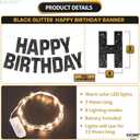 KatchOn, Glitter Black Happy Birthday Banner Light Up - Prestrung, 10 Feet | Light Up Happy Bday Sign | Happy Birthday Decorations for Men, Women, Boys, Girls | Halloween Birthday Party Decorations