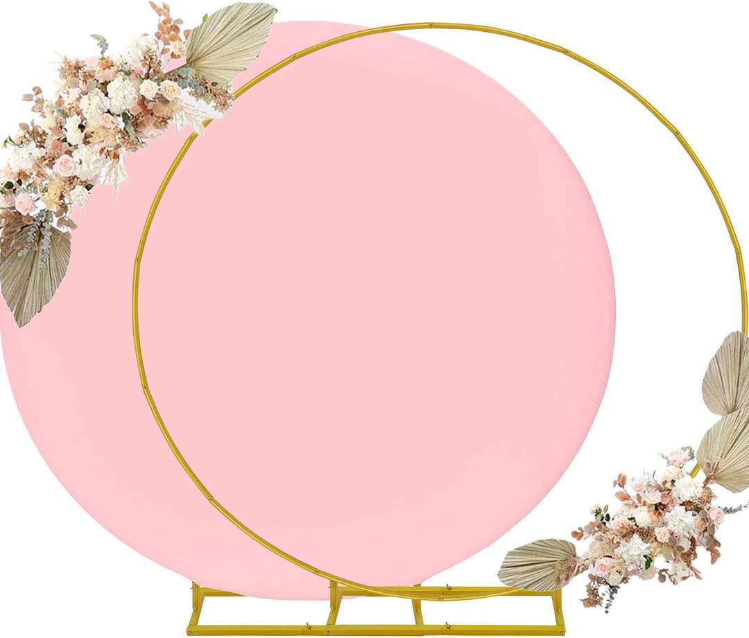7.2ft Round Backdrop Stand and Pink Covers 1 Stable Balloon Arch Stand with Base and 1 Polyster Circle Arch Covers Metal Wedding Arch Backdrop Stand Frame for Parties Baby Shower Garden Decorations