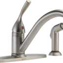 Delta Classic Brushed Nickel Kitchen Faucet with Side Sprayer, Contemporary 4 Hole Kitchen Sink Faucet, Single Handle, Stainless 400-SS-DST