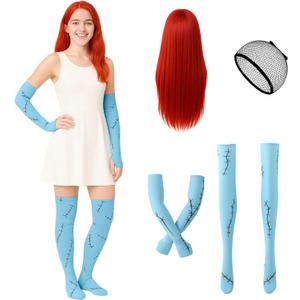 3PCS Halloween Costume Accessories for Women Scar Arm Sleeves Thigh Highs with Red Wig for Nightmare Cosplay Christmas
