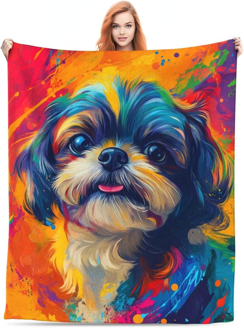Colorful Shih Tzu Blanket Gifts for Women Girls Dog Lovers, Shih Tzu Themed Throw Blankets, Soft Cozy Lightweight Plush Throws for Living Room Sofa Couch Home Decor 60x80in