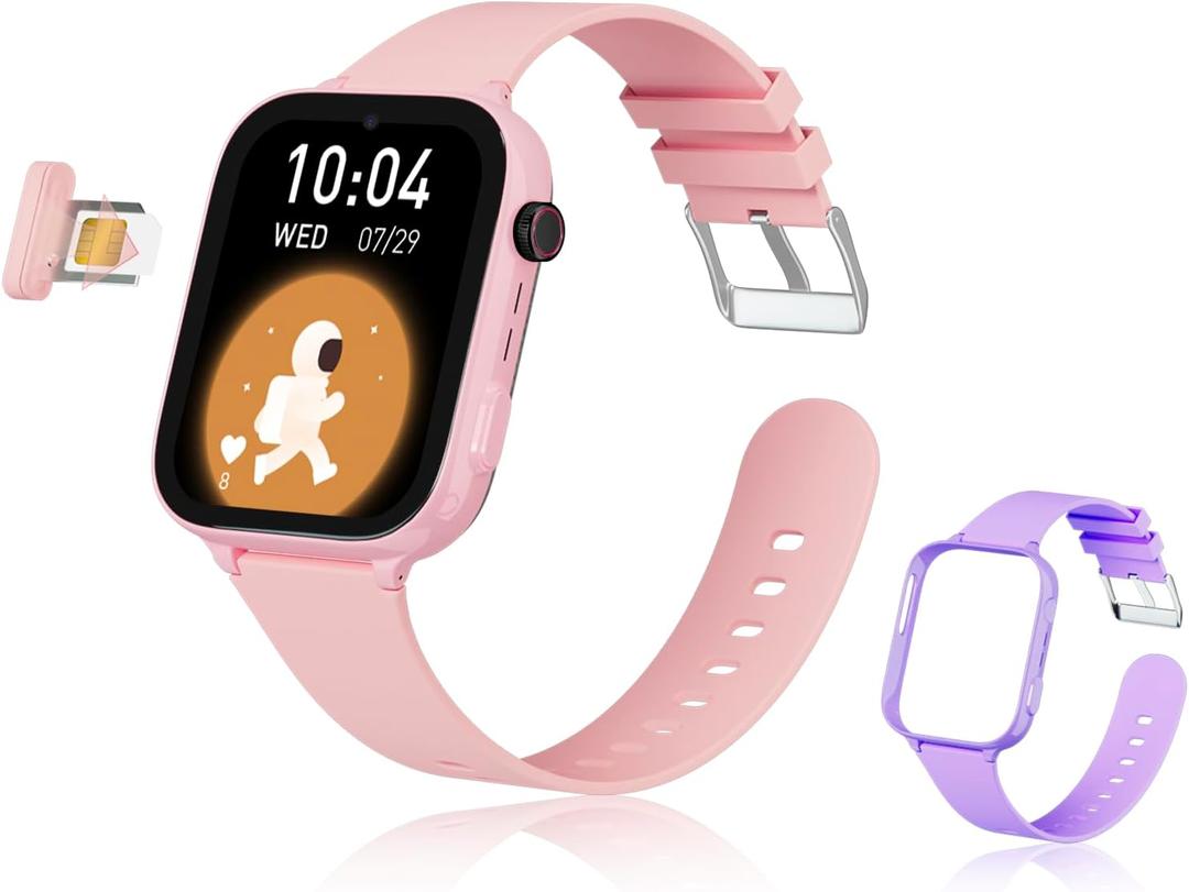 4G Kids Watch, Smart Watch for Kids GPS Tracker with SIM Card, Texting, Camera, Two-Way Calling, School Mode, SOS, Games, Best for Kids Aged 3-12, Ideal Gift for Kids (pink and purple)