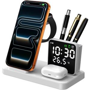 5 in 1 Wireless Charging Station with Alarm Clock Pen Holder, Fast Wireless Charger for iPhone 17/16/15/14/13/12/Pro/Max/Air, for iWatch & AirPods, Charger Stand with Temperature, Snooze Model White